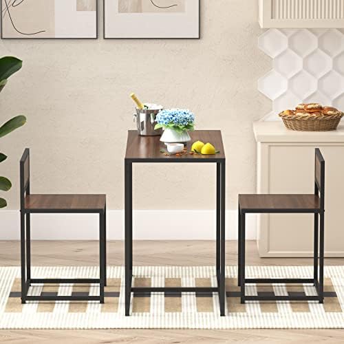 soges 3 Piece Dining Set for 2, Small Dining Table Set with 2 Chairs, Walnut Kitchen Table for Small Spaces, Breakfast Nook Set