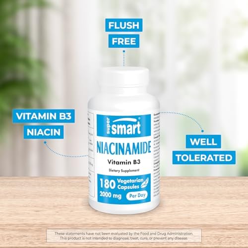 Supersmart - Niacinamide Supplement 2000mg per Day (Nicotinamide) - Flush Free Vitamin B3 Niacin | Non-GMO & Gluten Free - 180 Vegetarian Capsules