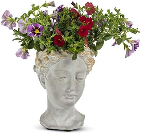 Abbott Collection Large Woman Head Planter | Hand-Finished Greco-Roman Style, Indoor & Outdoor, For Flowers & Succulents, Cement, Gray, 10"H