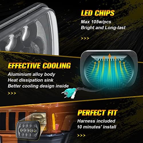 SPL DOT Approved 105W Brightest Black 5x7 7x6 Projector Led Headlights Anti-glare Hi/Low Sealed Beam H6054 H5054 with DRL Compatible with Jeep Wrangler YJ Cherokee XJ Ford Chevy GMC Toyota etc