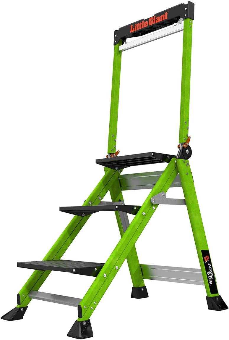 Little Giant Jumbo Step 3-Step Foldable 2.2 ft Aluminum Stool, 11903 | Foldable Aluminum Step Stool, Extra-Wide Stair-Like Treads, Rotating Handrail, Tool Tray, 375 lbs. Weight Capacity