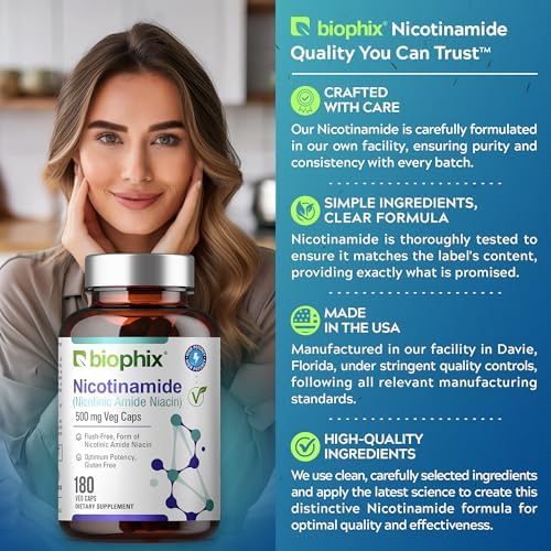 biophix B-3 Nicotinamide 500 mg 180 Vcaps - Nicotinic Amide Niacin Natural Flush-Free Vitamin Formula - Supports Skin Cell Health