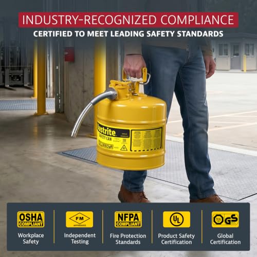 Justrite Type II Diesel Fuel Can, Yellow Galvanized Steel, FM Approved | Flammable Liquid Storage Can with Controlled Pouring, 5 Gallon Capacity