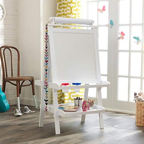 KidKraft Deluxe Wooden Easel with Chalkboard and Dry Erase Surfaces, Paper Roll and Paint Cups - White, Gift for Ages 3+