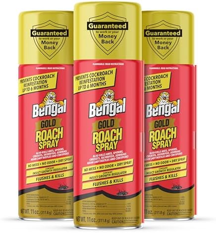 Bengal Gold Roach Spray - Prevents Reinfestation Up to 6 Months - 3 Pack | 11 oz - Odorless, Stain-Free Bug Spray for Home