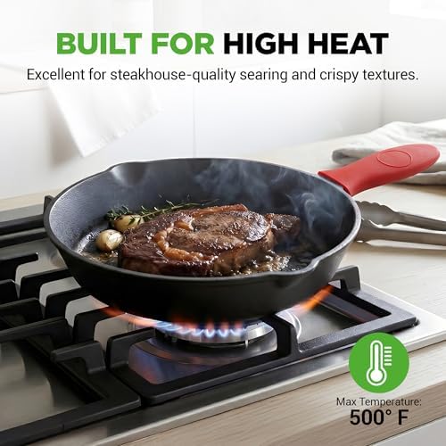 NutriChef 10 Inch Cast Iron Skillet with Lid - Pre-Seasoned Small Fry Pan with Side Drip Spout and Silicone Handle