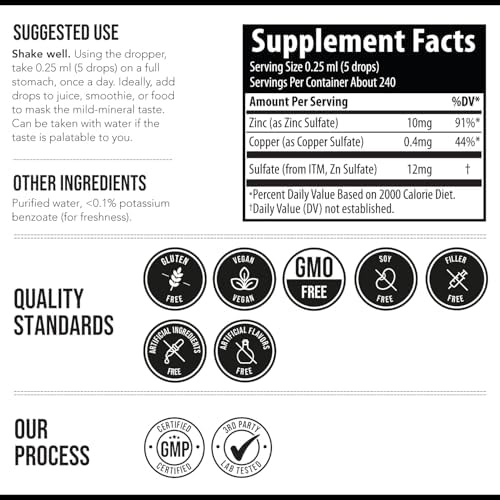 Ionic Zinc Plus Copper Liquid Concentrate 240 Servings, Glass Bottle, Vegan - Balanced Ratio of Zinc Copper - Supports Immunity, Brain Thyroid (2 oz.)