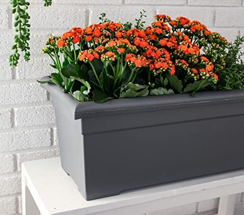 The HC Companies Romana Planter Box, 28 Inch, Clay, 1-Pack | Plastic, Drainage Plug, Lightweight, UV-Resistant, for Garden, Patio, Balcony & Fence