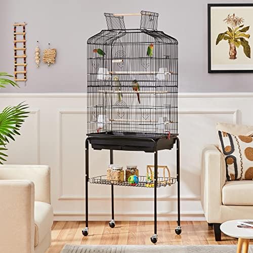Yaheetech 64'' Open Top Bird Cage for Parakeets & Cockatiels, Black | Detachable Rolling Stand, Easy-clean Slide Tray, Multi-door Access, 3/8" Bar Spacing, Indoor/Outdoor Use