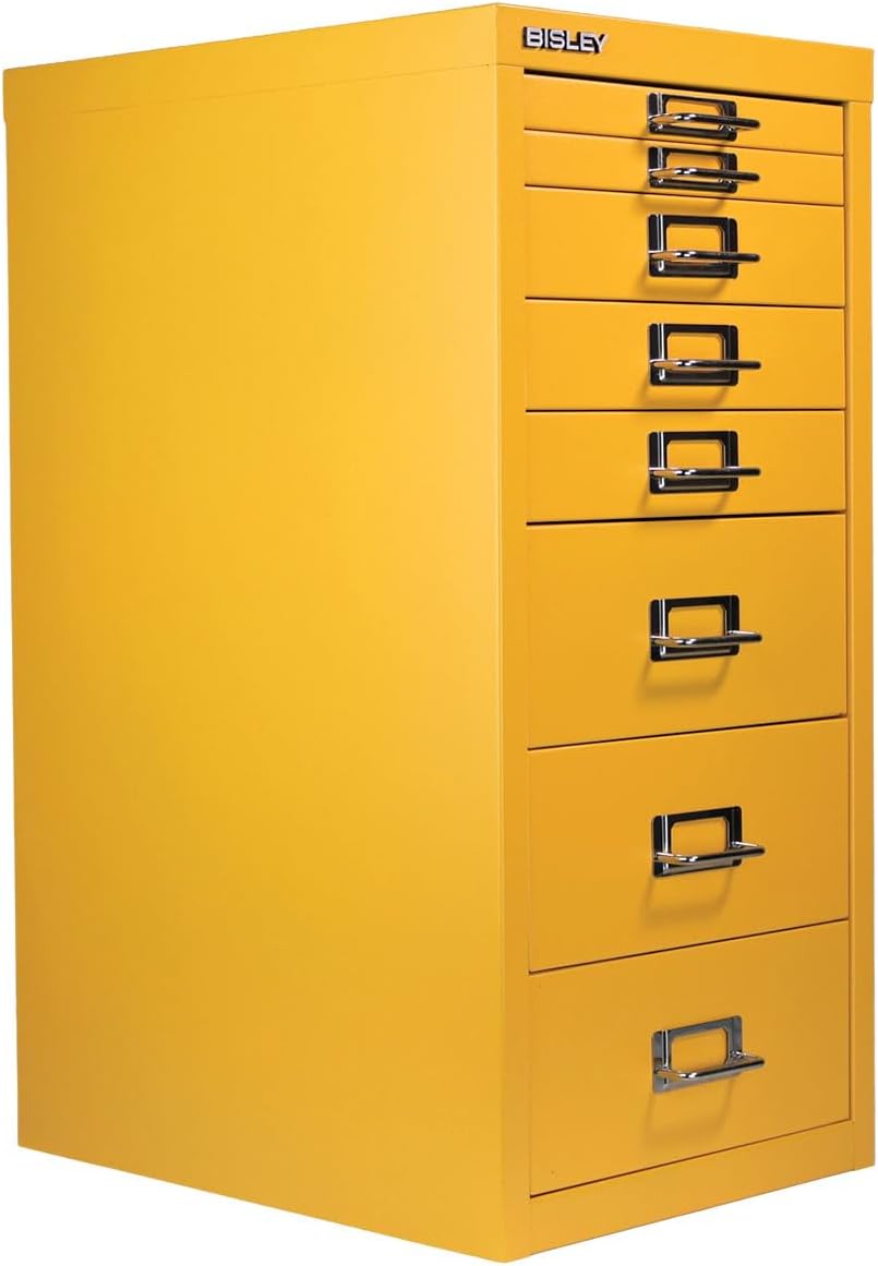5-Drawer Steel MultiDrawer Cabinet - Orange, by Bisley | Chrome Pull Handles with Label Holders, Powder-Coated Steel, Removable Drawers, Desktop Storage, Labels Included