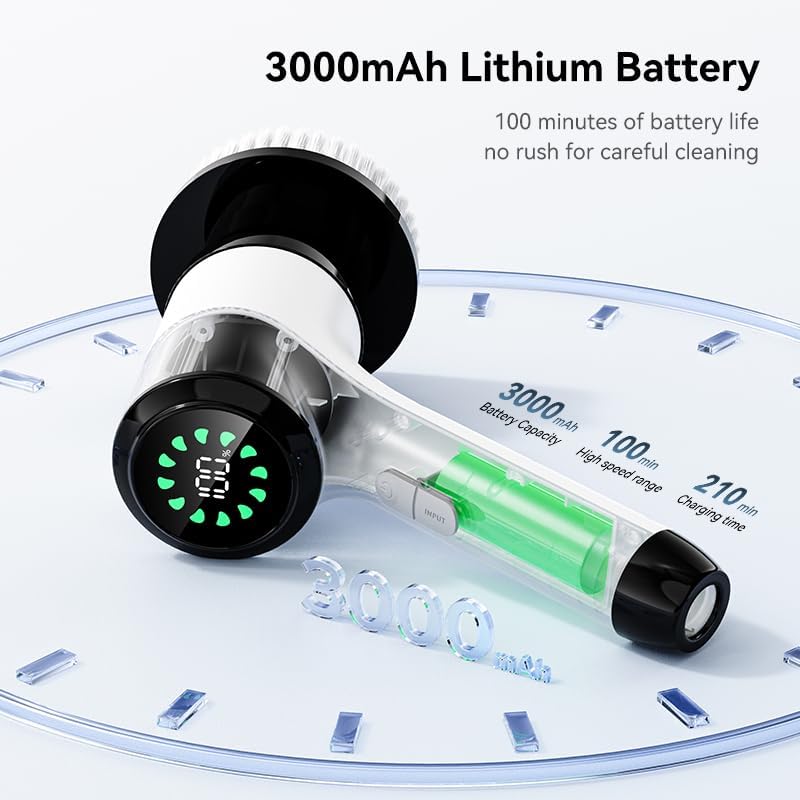 Electric Spin Scrubber, Cordless Power Cleaning Brush with 8 Replaceable Heads, 2 Adjustable Speeds, LED Display & Long Handle