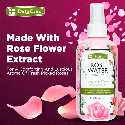 De La Cruz Rose Water Body & Hair Mist, 8 fl. oz Spray (236 mL) | Rose Water Spray, With Rose Flower Extract, Face, Hair & Body Mist, Home Mist, Alcohol Free, Refreshing & Soothing