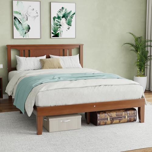 Solid Wood Bed Frame, Queen Size Platform Bed Frame with Headboard, Sturdy Wood Slat Support, Heavy Duty, No Box Spring Needed, Noise-Free, Easy Assembly