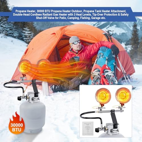 30000 BTU Propane Heater Outdoor, Propane Tank Heater Attachment Double Tank Top Radiant Gas Heater With Tip-Over Protection, 3 Heat Settings, Safety Shut-Off Valve for Patio,Camp,Fish,Garage.