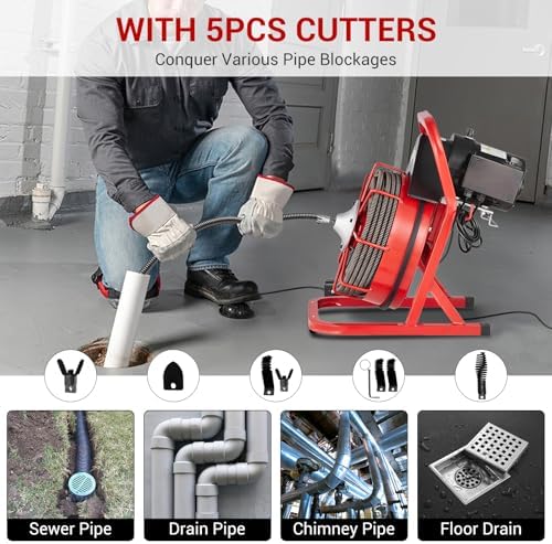 75 ft x 1/2 in Drain Cleaner Machine, 400W Electric Drain Snake with 6 Cutters & Foot Switch for 1 in to 4 in Pipes, Heavy Duty Sewer Auger for Sinks