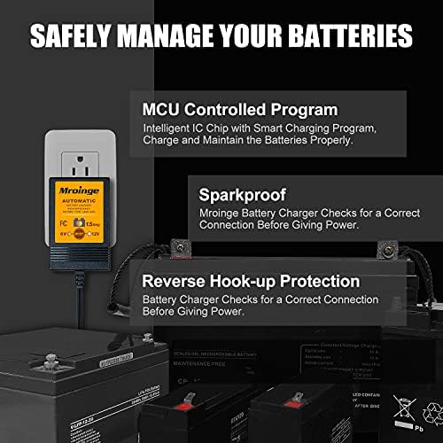 Smart Battery Charger, Mroinge 6V / 12V 1.5A Fully Automatic Trickle Charger/Maintainer for Motorcycle, ATV, Lawnmowers and More