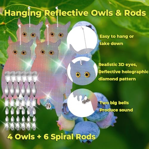 Dyvicl Fake Owl Hanging Reflective Owl for Woodpecker Deterrent 4 Pack, Bonus 6 Reflective Scare Spiral Rods