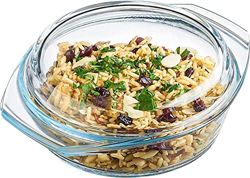 Glass Casserole Dish, Clear Glass Round Casserole Dish with Lid and Handles, 1 Quart Covered Bowl for Cooking, Baking, Serving, Microwave, Dishwasher