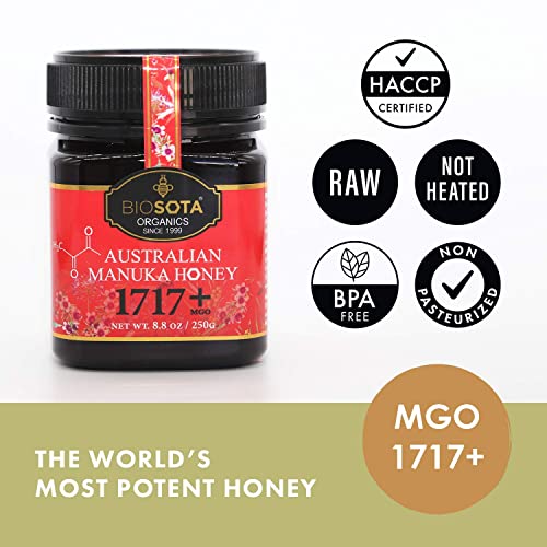 BIOSOTA Organic Manuka Honey MGO 1717+ - Medical Grade Manuka Honey from Australia NPA/ULF 31+, 100% Raw Unheated Pure Honey, 8.8oz (1717+)