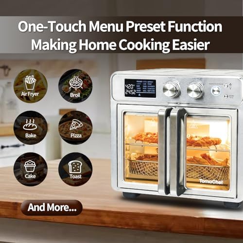 TomaChef 26QT French Door Air Fryer Oven Combo, 15-in-1 | 15 Cooking Functions and Digital Controls, 30 Recipes & 5 Accessories