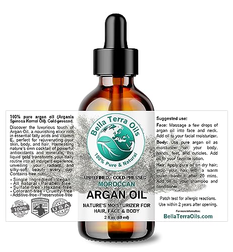 Bella Terra Oils - Argan Oil 2 oz - Cold-Pressed from Morocco, Rich in Vitamin E & Fatty Acids, Perfect Hair Oil Serum to Combat Frizz, Luxurious Face Oil