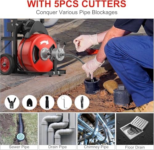 100Ft 3/4 Inch Drain Cleaning Machine. Sewer Snake 750w Auto Feed | Portable Drain Cleaning Machine Electric Drain Auger Sewer Auger with 6 Cutter Air-Activated Foot Switch for 4" to 8" Pipes