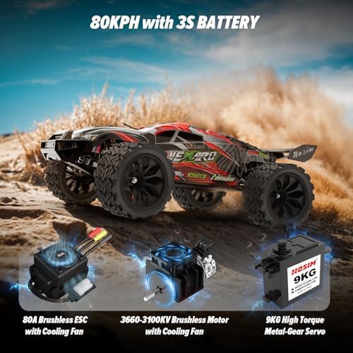 Hosim Mini 1:8 Brushless RC Cars for Adults, VEXARO 50+MPH Fast RC Trucks | 3660 3100KV Brushless Motor & 80A ESC, 2* 2600mAh 3S Lipo, Chrome Steel Central Transmission, All-Metal Oil-filled Shocks