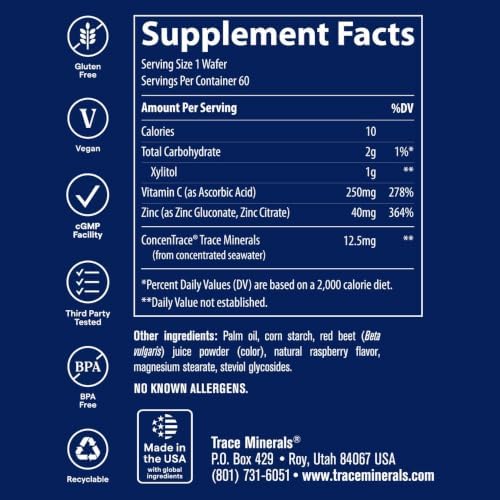 Trace Minerals Zinc + Vitamin C Chewable Supplement, 60 CT, Immune Support | Full spectrum of ionic minerals, Enzyme function and antioxidant activity