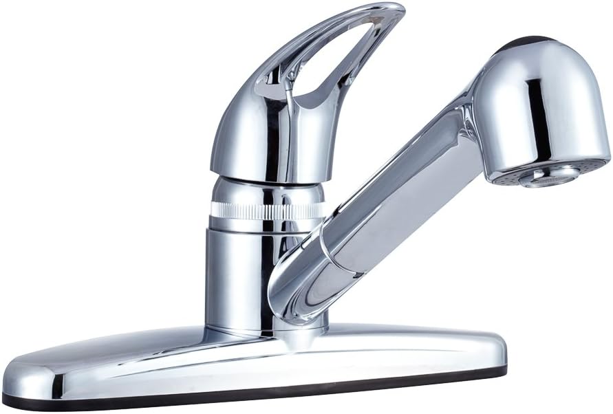 Dura Faucet DF-PK100-SN RV Pull-Out Kitchen Sink Faucet (Satin Nickel) | Corrosion-resistant single-lever build with sprayer. Brushed Satin Nickel. Plated ABS plastic (not metal).
