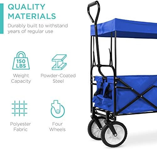 Best Choice Products Collapsible Folding Outdoor Utility Wagon with Canopy Garden Cart for Beach, Picnic, Camping, Tailgates w/Removable Canopy, Detachable Pockets, 150lb Weight Capacity - Red