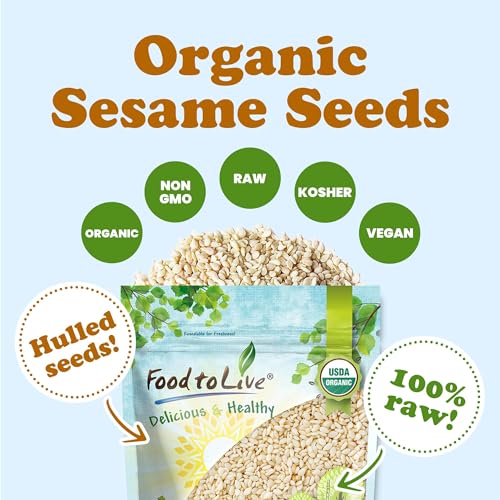 Food to Live Organic Hulled Sesame Seeds, 2 Pounds – Whole Raw White Sesame Seeds, Non-GMO, Kosher, Vegan, Unroasted, Bulk. High in Iron, and Calcium. Perfect for Tahini Paste, Stir-fries, and Salads.