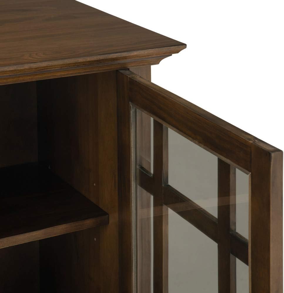 SIMPLIHOME Bedford 62" Wide Solid Wood Sideboard in Brunette Brown | Transitional low media console with glass doors and storage shelves for the living room, entryway or dining room.