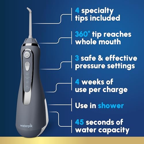 Waterpik Cordless Advanced Portable Water Flosser, Rechargeable, Black | 3 Settings, 4 Tips, Travel Bag, for Gums, Teeth, Dental Braces, Implants, Shower Use ADA Accepted WP-582 Packaging May Vary