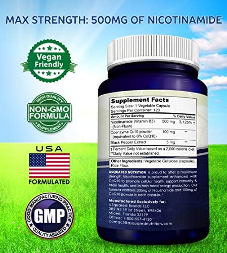 Nicotinamide with CoQ10 (120 Capsules) - Vitamin B3 500mg (Niacinamide Flush Free) - Coenzyme Q10 Powder - VIT B-3 & Coq 10 Supplement Pills to