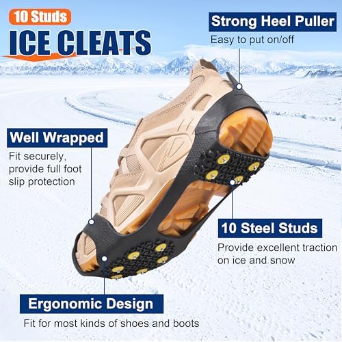 Ice Cleats for Shoes and Boots Ice Snow Grippers Anti-Slip Crampons 10 Studs Traction Cleat for Women Men Kids Hiking Fishing Walking Running Jogging