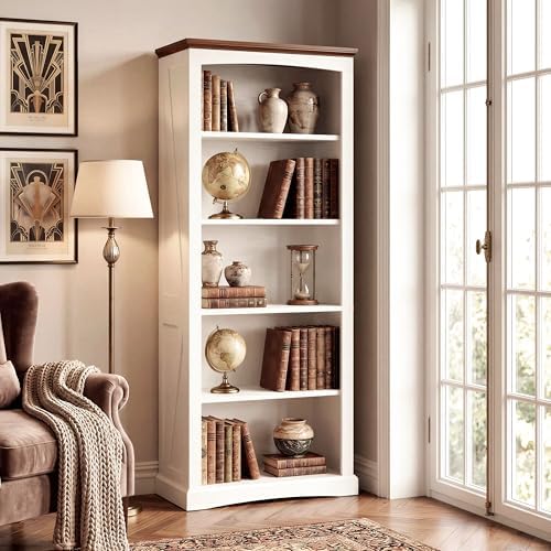 IRONCK 5 Tier Farmhouse Bookshelf 70.9" White Bookcase with Brown Wood Top | brown top & brace side panels, anti-tip stable design, bookcase, bedroom