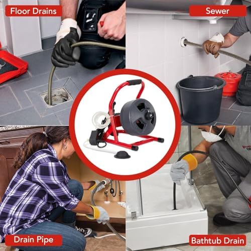 Drain Cleaner Machine 50Ft x 5/16 Inch, Electric Drain Auger with Foot Switch, Sewer Snake for 3/4 to 3 Inch Pipes, Includes 6 Cutters & Gloves