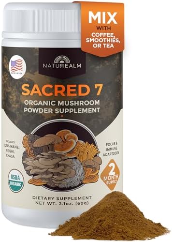 Sacred 7 Brain Mushroom Powder, Organic 7-in-1 Blend 226 Servings | Seven fruiting body extracts, lions mane cordyceps reishi, stirs into coffee or smoothies, 1000 mg scoop