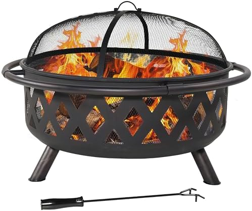 Sunnydaze Crossweave Large Outdoor Fire Pit, Wood Burning, Round, 36" | Black, Heavy Duty Steel Metal, Patio Fire Pit with Spark Screen, Poker, & Cover, Wood Firepit for Outside, Backyard, or Deck