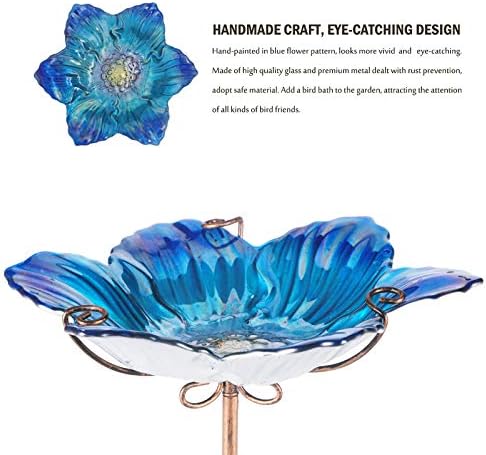 MUMTOP Glass Bird Bath Outdoor Birdfeeder Blue Flower Bowl with Metal Stake