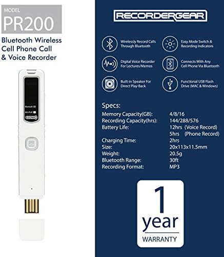 PR200 Cell Phone Call Recording Device, Bluetooth Enabled, iPhone and Android Mobile Recorder