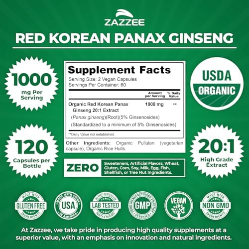 Zazzee USDA Organic Red Korean Panax Ginseng 20:1 Extract, 120 Capsules | 1000 mg Per Serving, 5% Ginsenosides, Vegan, 4 Month Supply