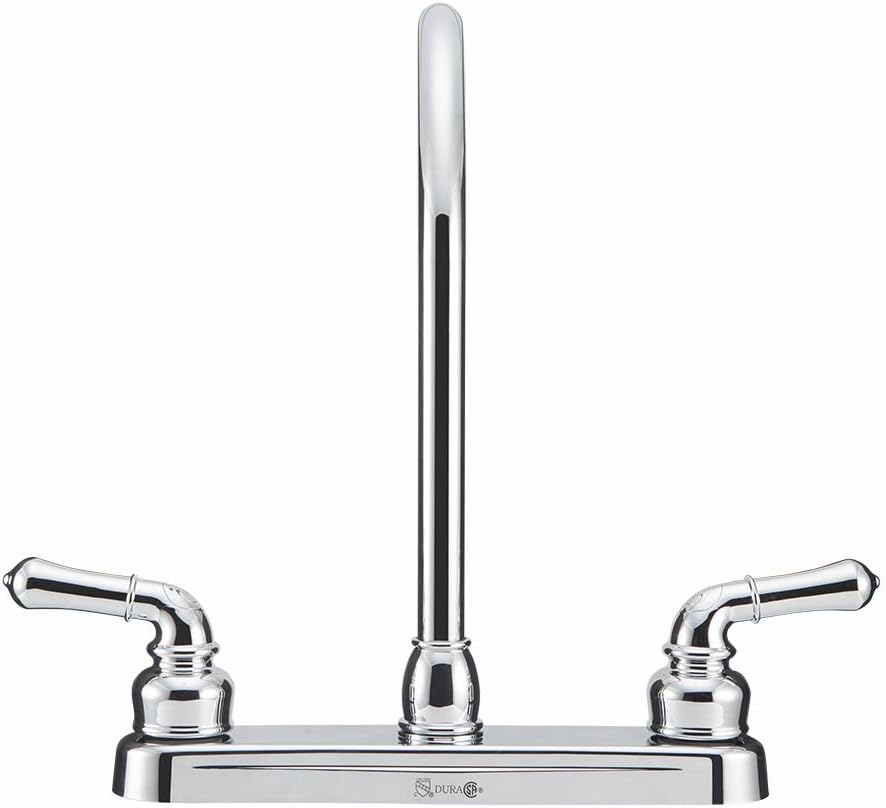 Dura Faucet DF-PK330HC-SN RV J-Spout Kitchen Sink Faucet (Satin Nickel) | Tall spout clears big pots; dual levers fine-tune water flow. Brushed Satin Nickel.