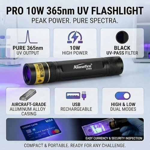 ALONEFIRE SV003 10W 365nm UV Flashlight Portable USB Rechargeable Woods Lamp Black Light for Pet Urine Detection, Resin Curing, Scorpion, Fishing