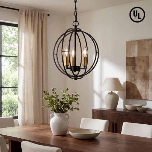 3-Light Farmhouse Chandelier, Black Industrial Metal Globe Pendant Light | Adjustable Hanging Height, for Kitchen Island, Dining Room, Foyer, Entryway