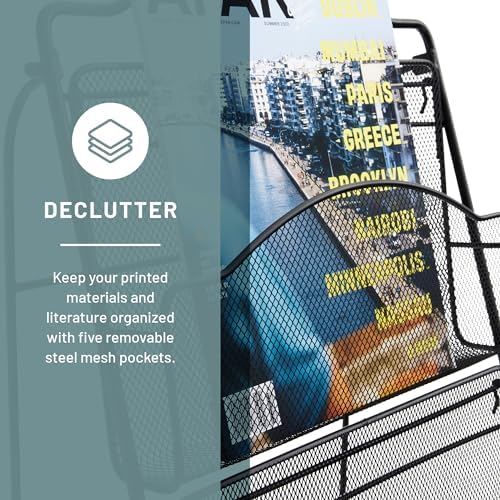 Safco Onyx Mesh Magazine Holder, Ladder Style Display Rack with 5 Pockets, Brochure Organizer, Commercial-Grade Steel Construction, Black