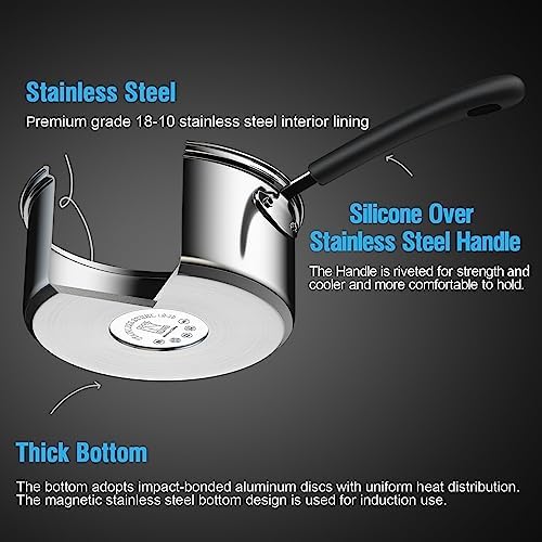 Cook N Home Professional 2 Quart Stainless Steel Saucepan with Lid, Small Kitchen Induction Cooking Sauce Pot Pan, Stay-Cool Silicone Handle, Dishwasher Safe