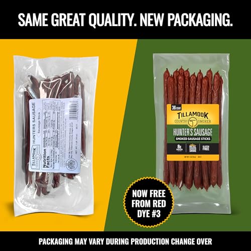 Tillamook Country Smoker Hunter’s Sausage Smoked Sausage, 16 Oz, 36 Ct, Bulk Pack, Real Hardwood Smoked Beef Meat Sticks, 8g Protein