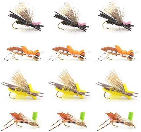 The Fly Fishing Place Hopper Trout Fly Assortment - Foam and Poly Body High Visibility Grasshopper Dry Fly Collection 1 Dozen Flies - Hook Size 10