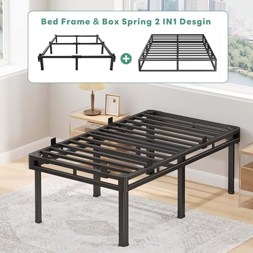 Superay 24 inch HIgh Queen Bed Frame with Rounded Legs, Double Layer Design | Metal Bed Frame & Box Spring 2 in 1 High Platform with Matress Gasket & headboard Adapter, Heavy Duty Support 4000lbs, Black